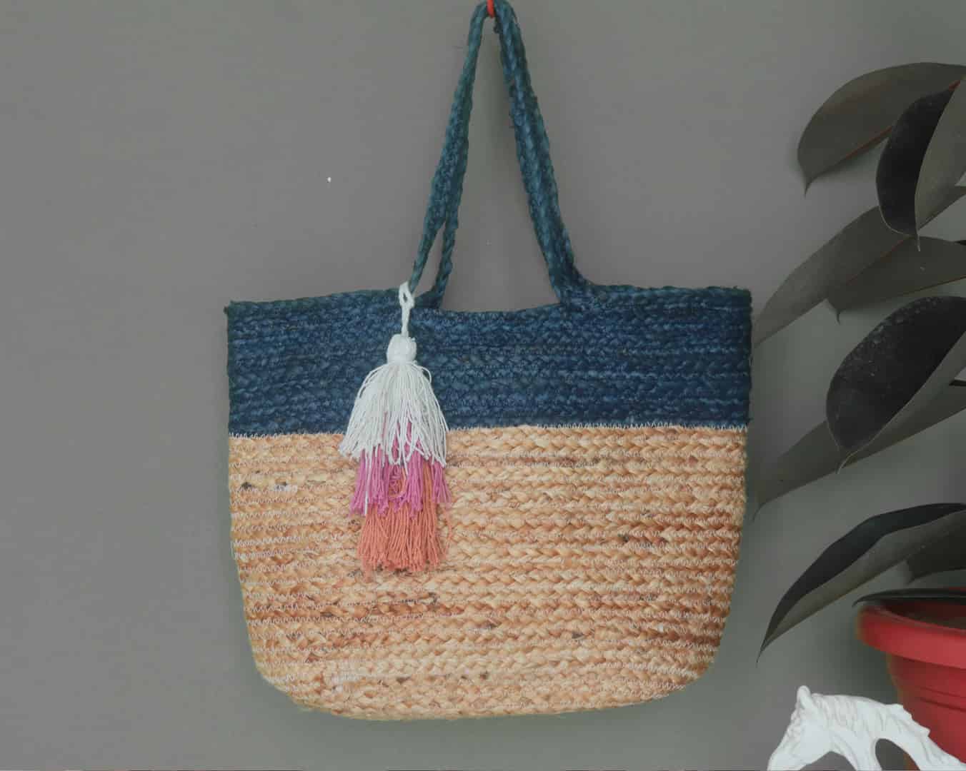 Natural Jute Hand Braided Beige and Blue Bag - Image 1