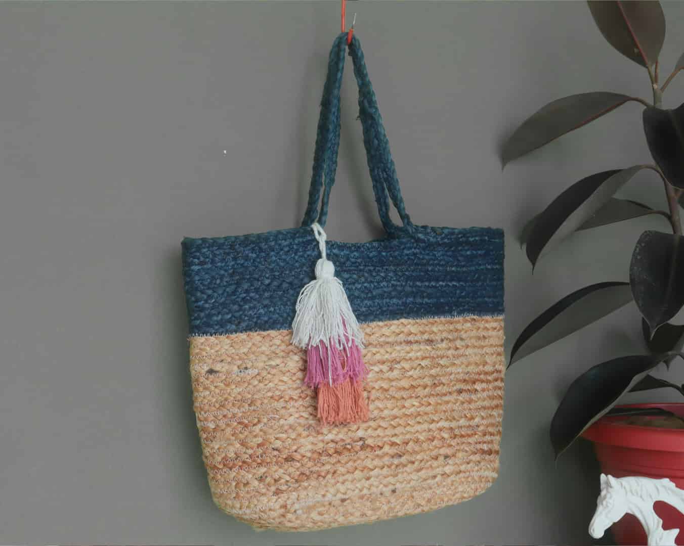 Natural Jute Hand Braided Beige and Blue Bag - Image 2