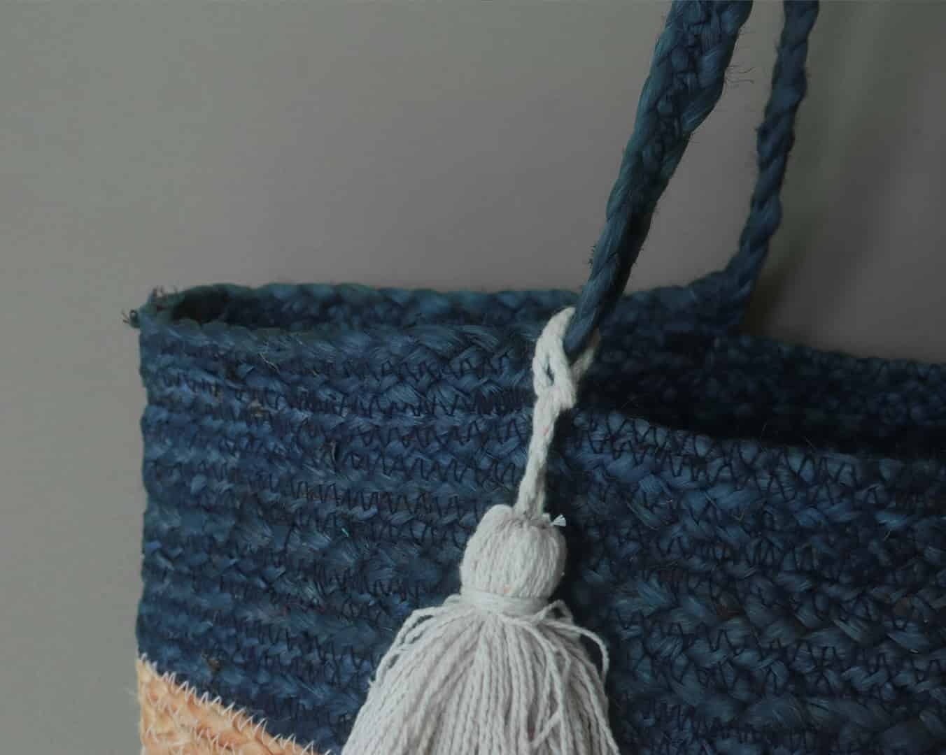 Natural Jute Hand Braided Beige and Blue Bag - Image 3