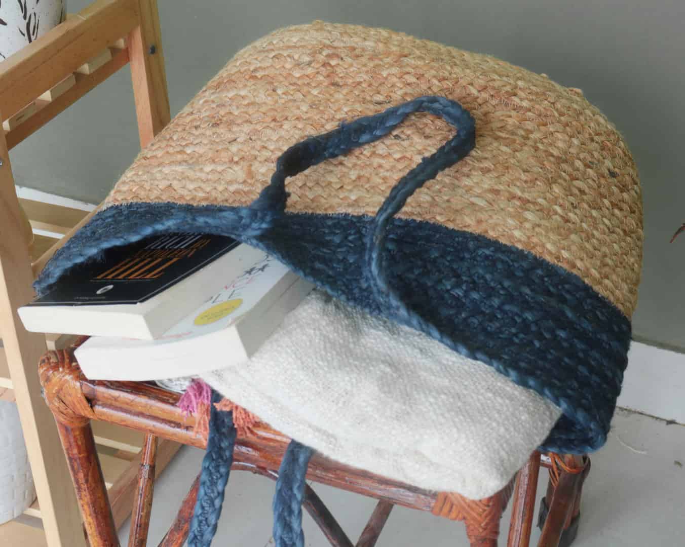 Natural Jute Hand Braided Beige and Blue Bag - Image 5