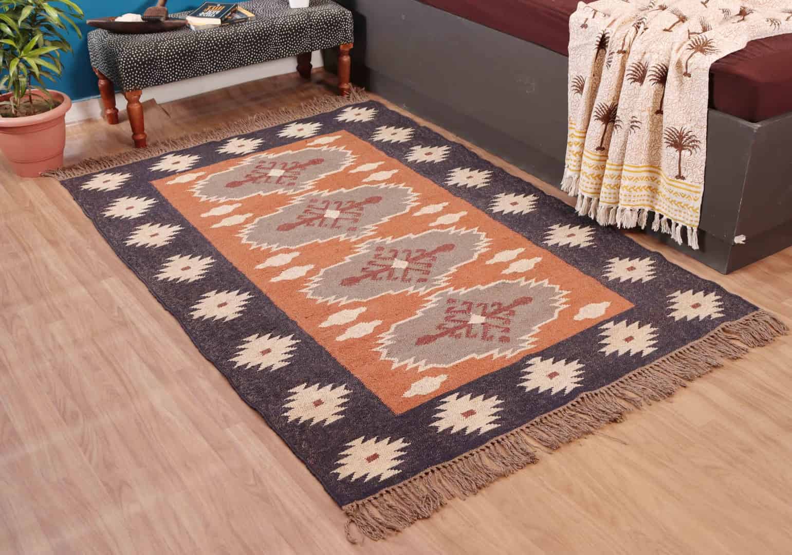 Handwoven Wool Jute Kilim Rug Handmade Kilim Dhurrie Rug Traditional Indian jute Area rug kilim Jute Rug Multicolor Decor Kilim Jute Area Rug - Image 3