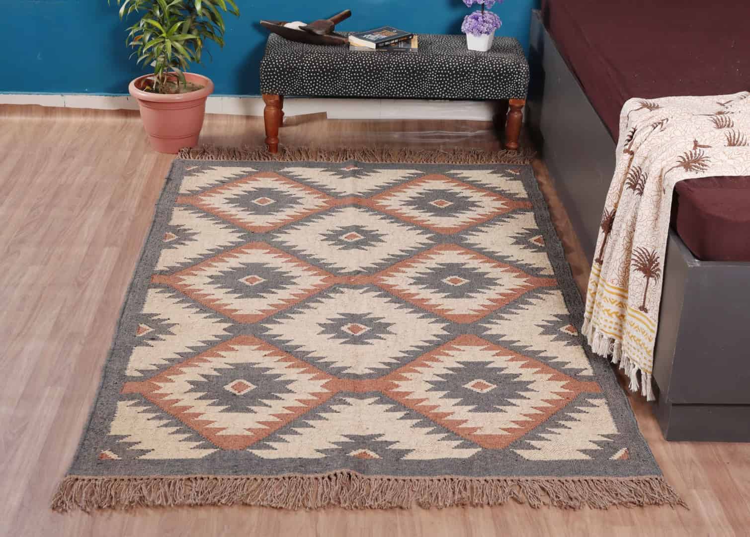 Multicolor Wool Jute Kilim Rugs with Fringes - Image 2