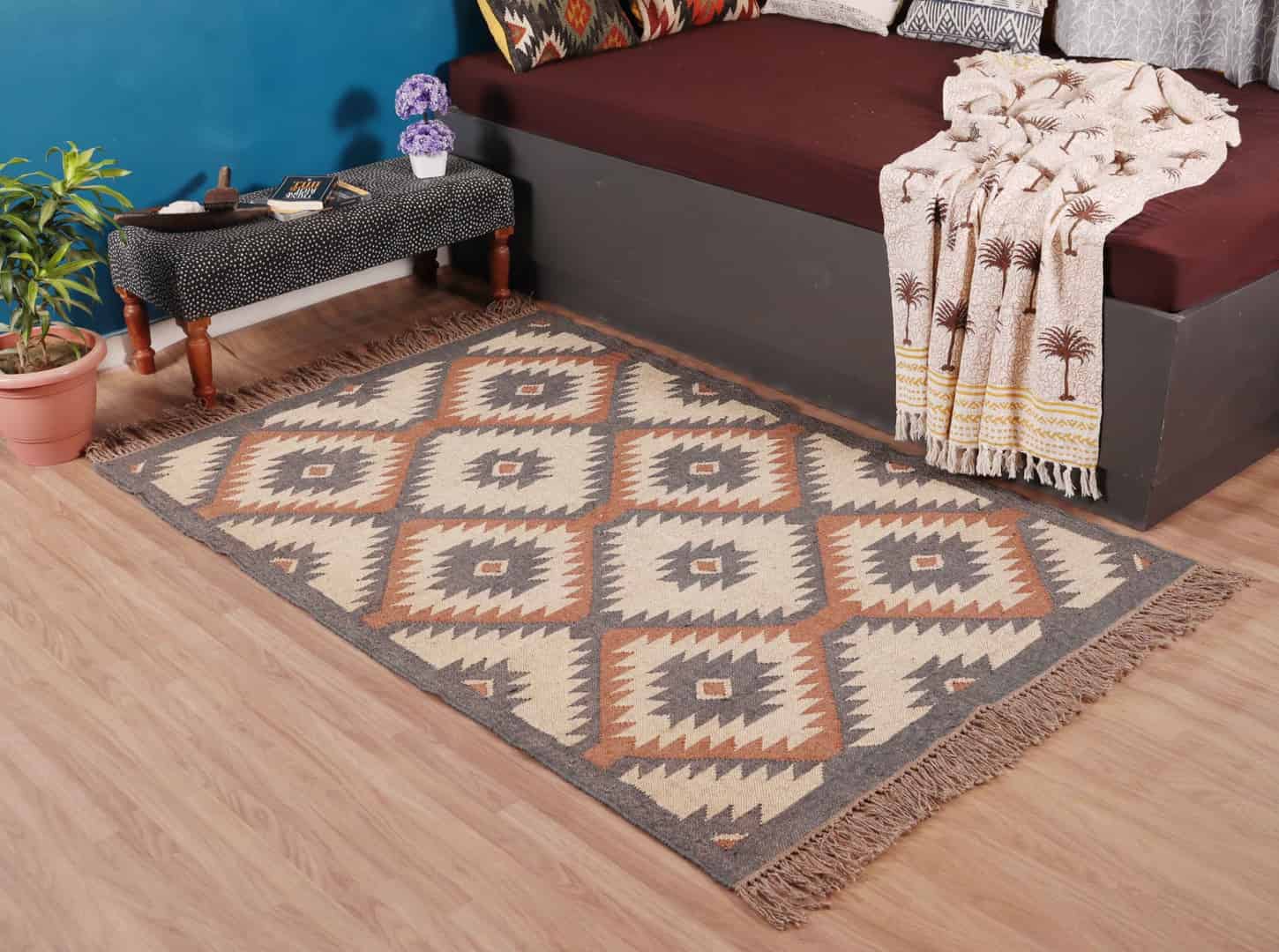 Multicolor Wool Jute Kilim Rugs with Fringes - Image 3