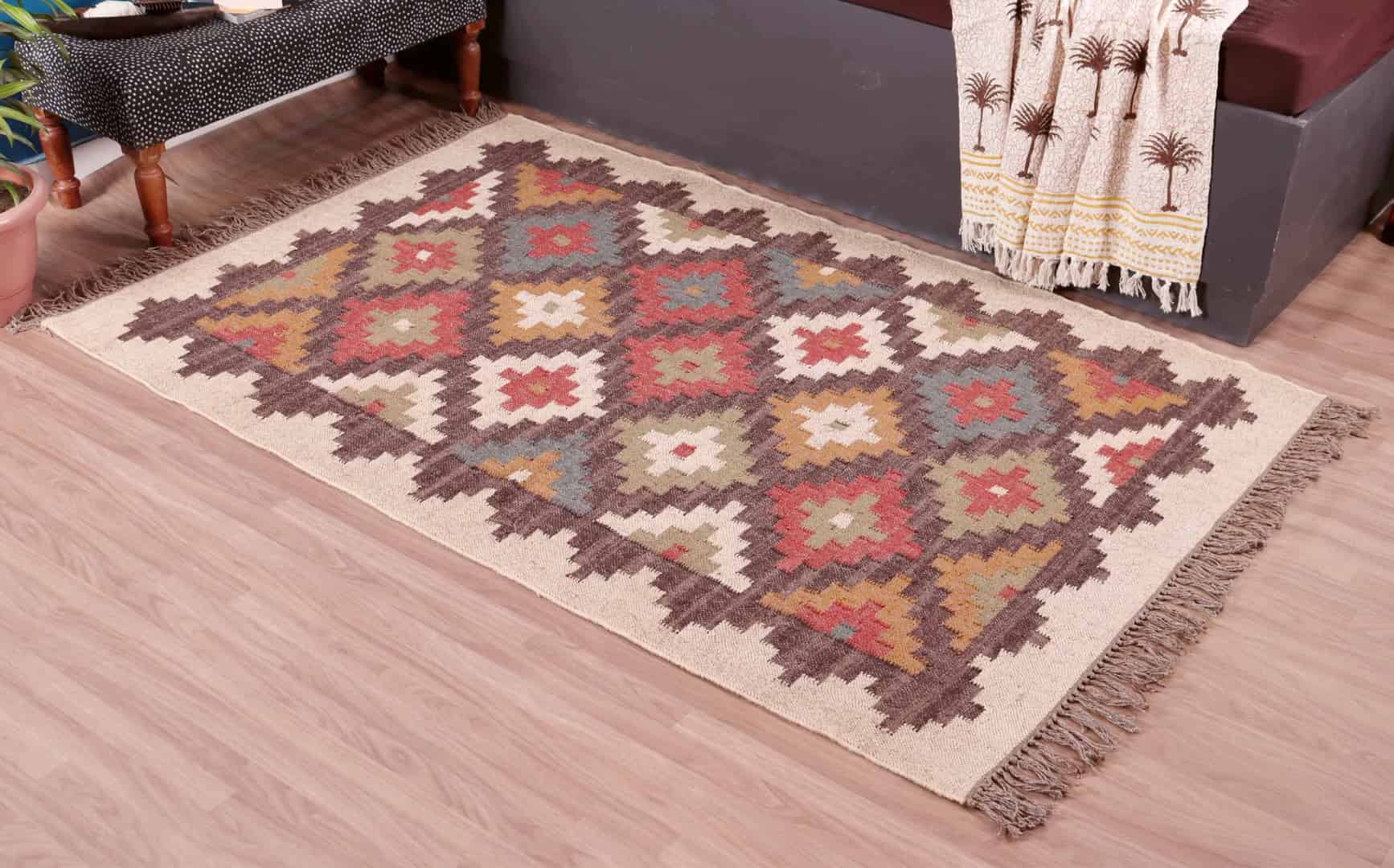 Handwoven Multicolor Wool Jute Kilim Rug Large Area Rug  - Image 3