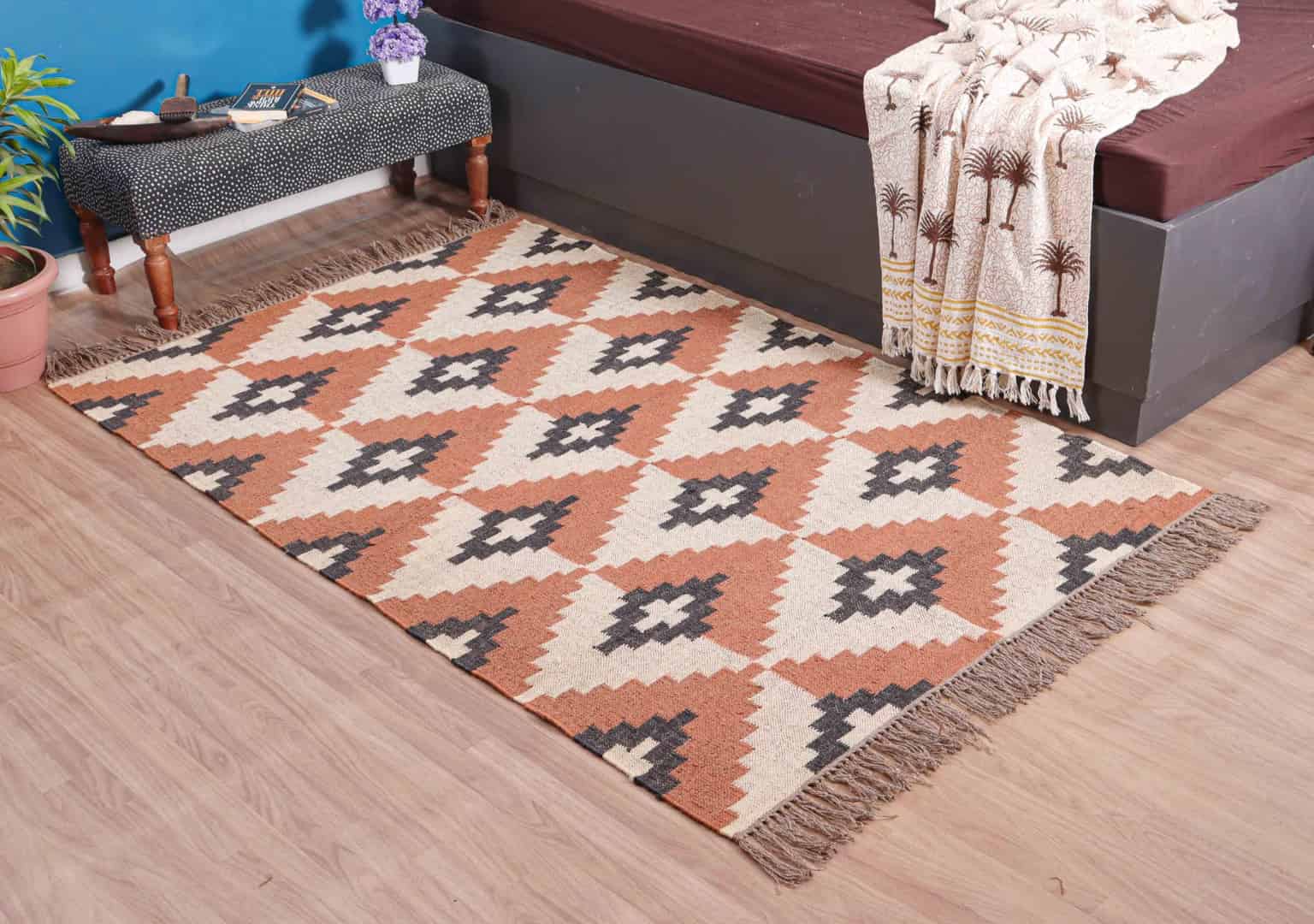 Indian Village Multicolor Vintage Kilim Wool Jute Rugs - Image 3