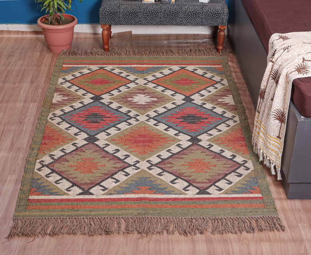 Colorful Handmade Wool Jute Kilim Dhurrie Rug - Image 2