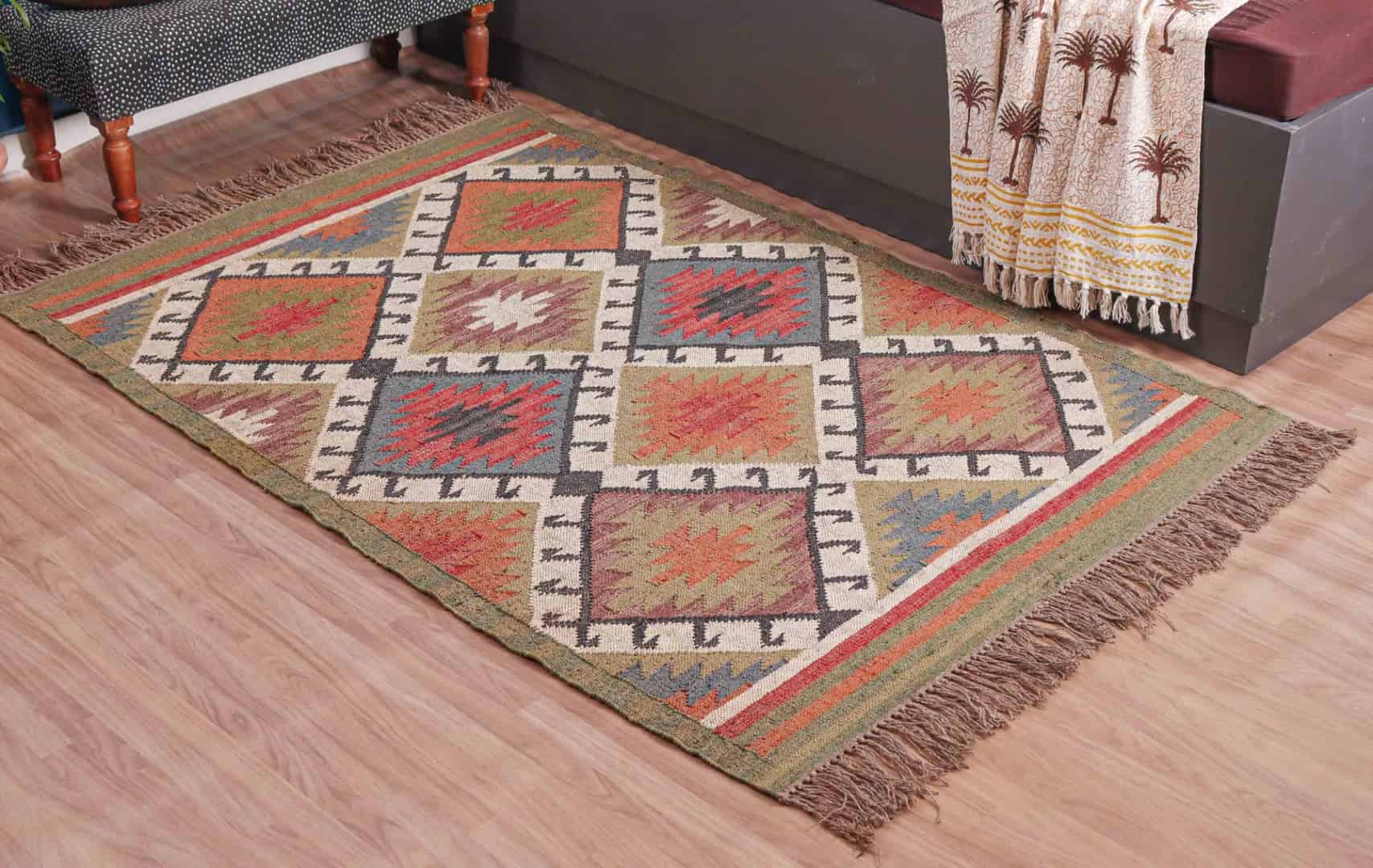 Colorful Handmade Wool Jute Kilim Dhurrie Rug - Image 3