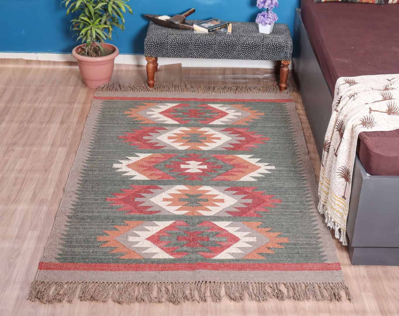 Reversible Vintage Kilim Wool Jute Rugs - Image 2