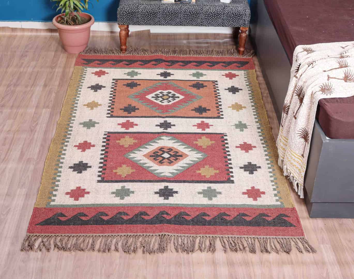 Bohemian Vintage Multicolor Kilim Wool Jute Rug - Image 2