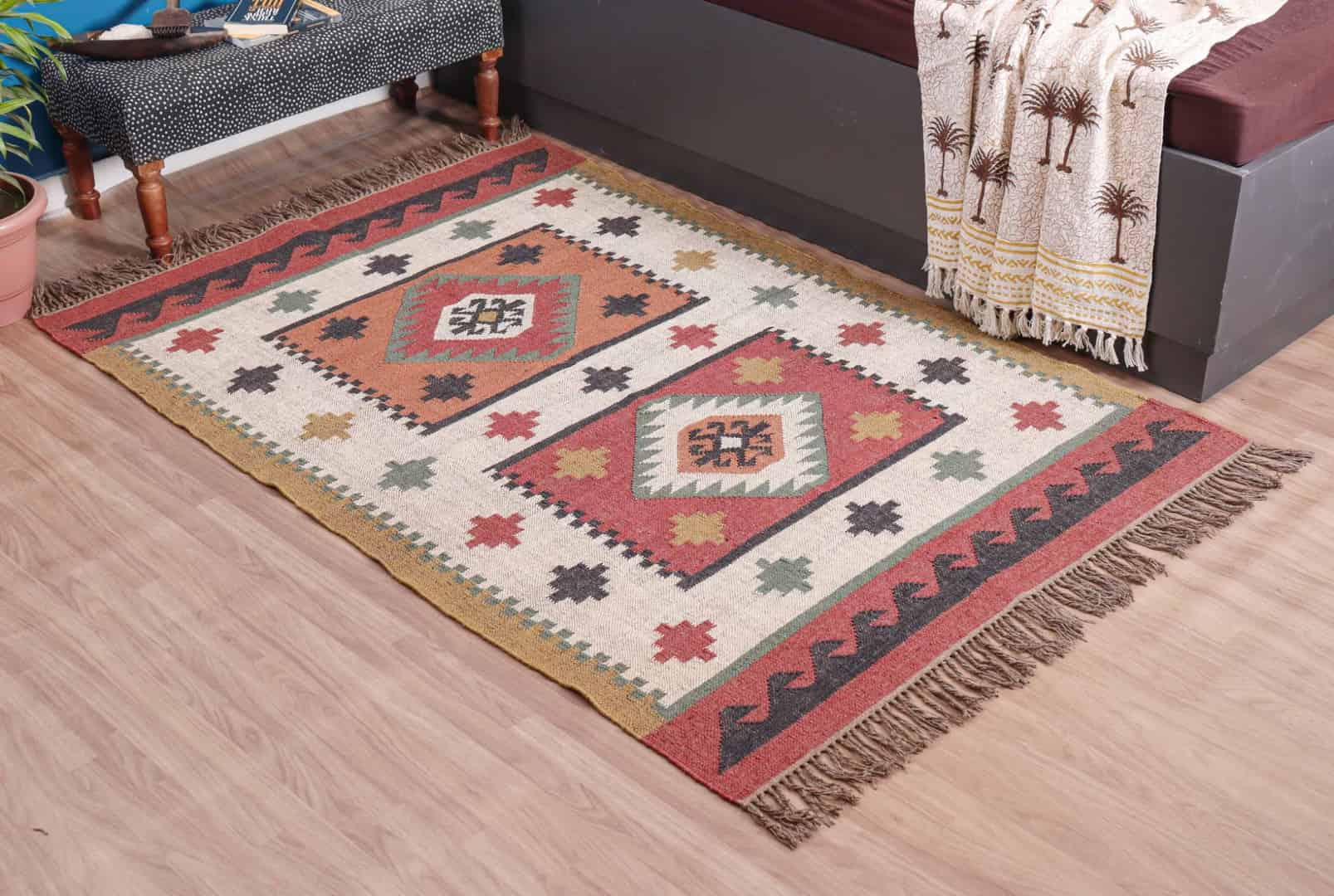 Bohemian Vintage Multicolor Kilim Wool Jute Rug - Image 3
