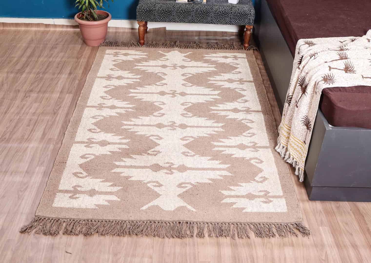 Beige and White Color Handwoven Wool Jute Kilim Rugs - Image 2