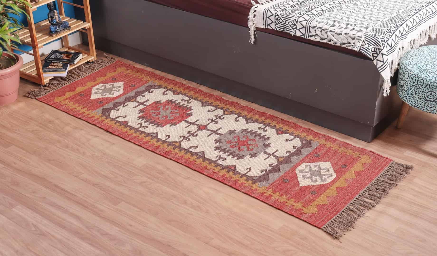 Vintage Kilim Dhurrie Wool Jute Runner Rug - Image 2