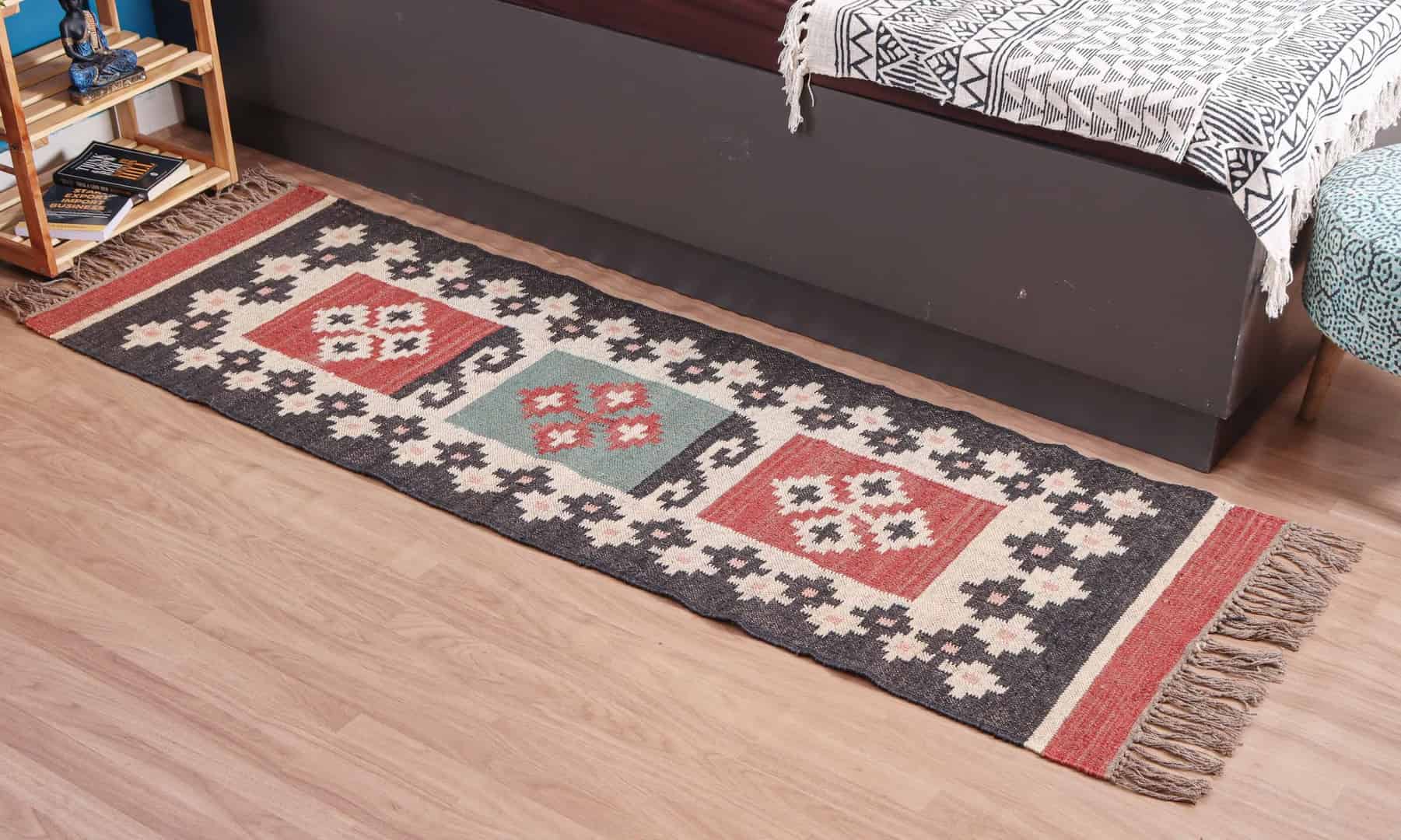 Vintage Kilim Wool Jute Dhurrie Runner Rug - Image 3