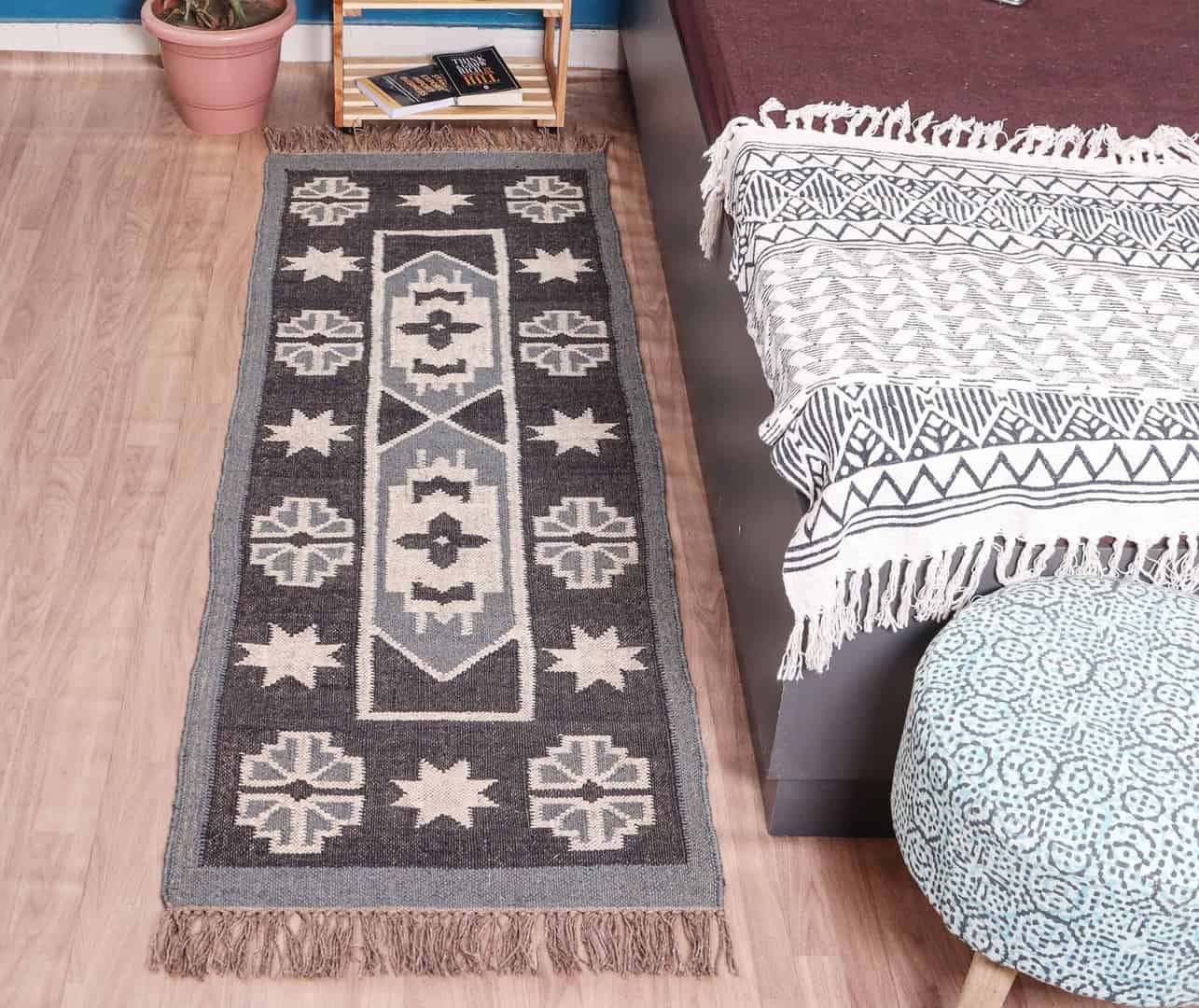 Geometric Shape Wool Jute Kilim Runner Rug - Image 2