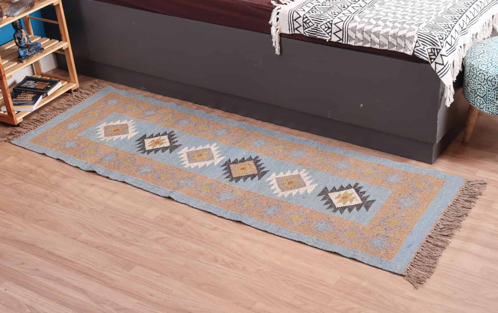 Traditional Hand Woven Indian Village Art Wool Jute Runner 3x8 - Image 2