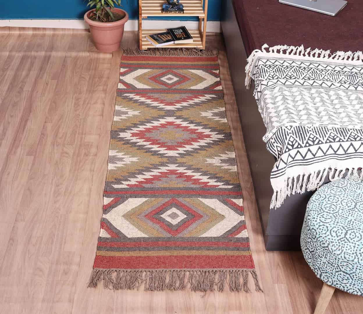 Indian Handwoven Multicolor Wool Jute Kilim Runner Rug - Image 2