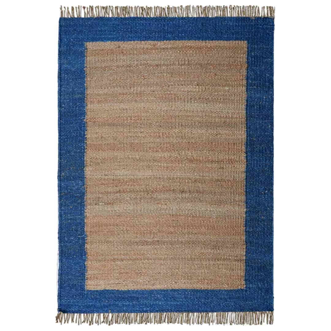 Indian Handloom Jute Hemp Rug with Blue Border - Image 1