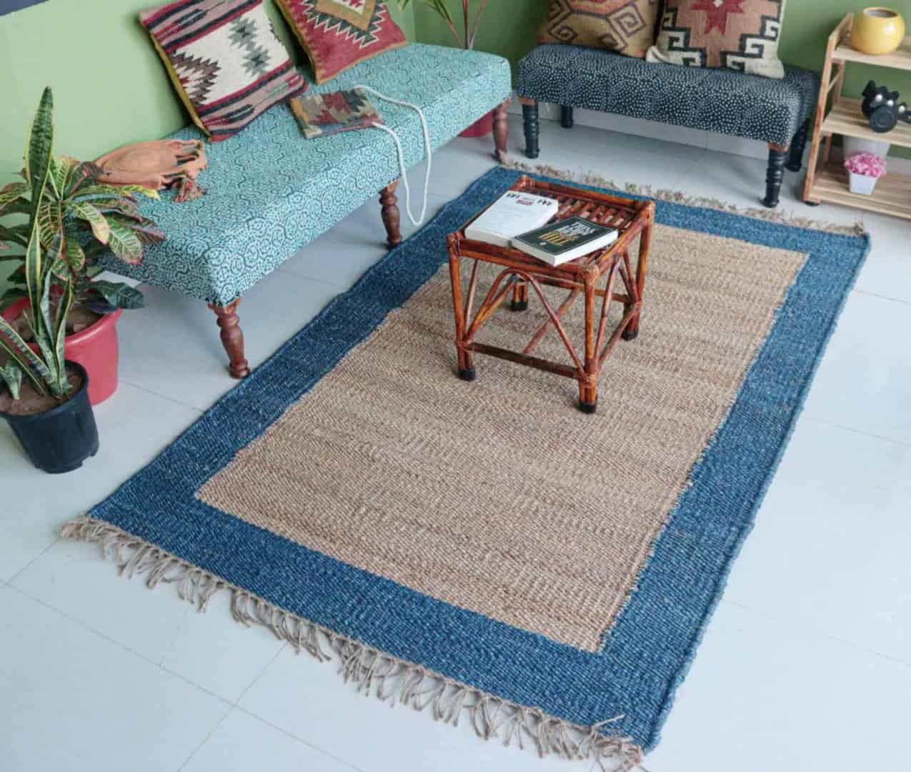 Indian Handloom Jute Hemp Rug with Blue Border - Image 3