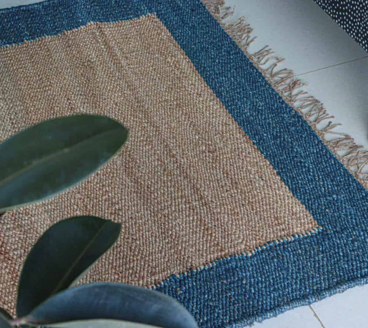Indian Handloom Jute Hemp Rug with Blue Border - Image 4