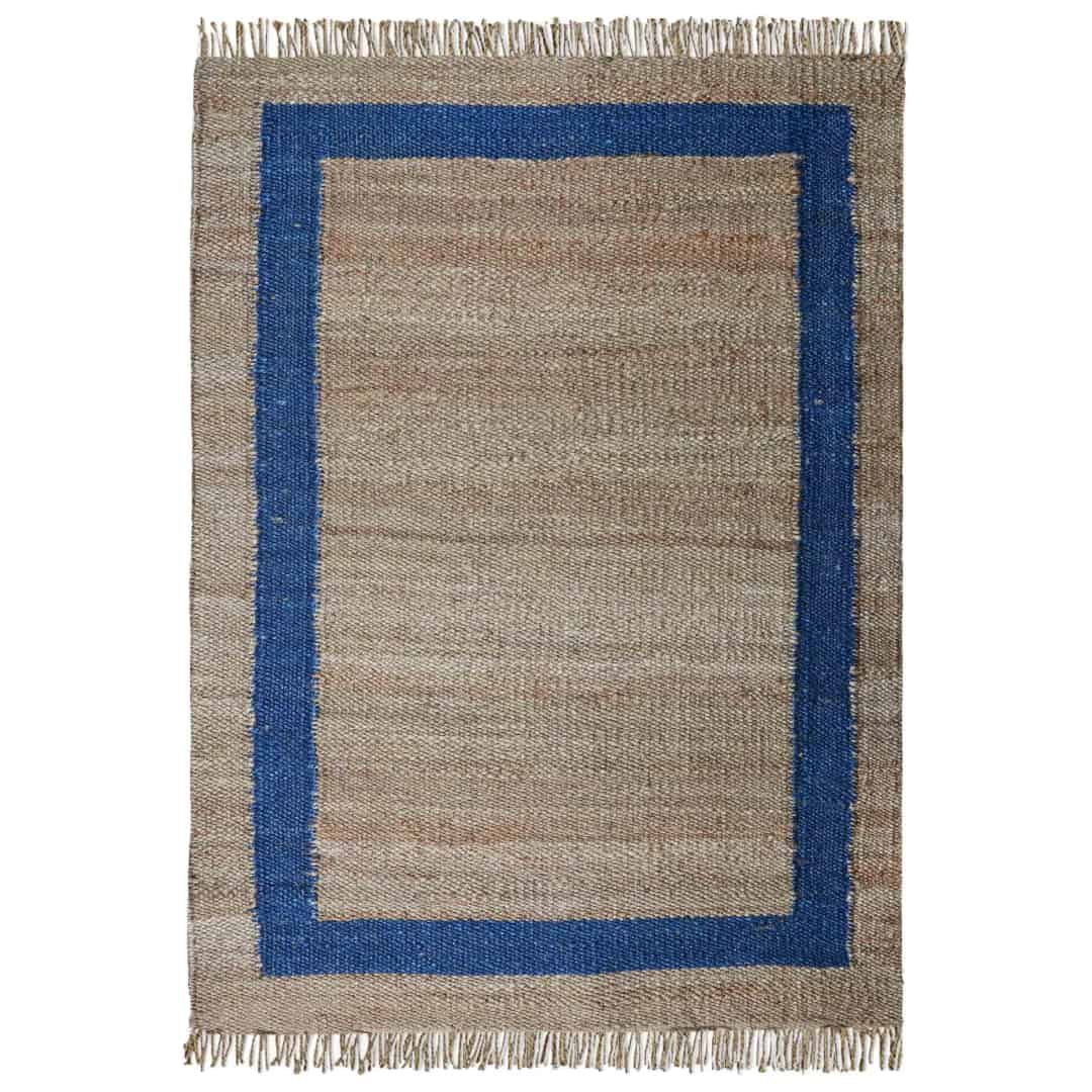 Custom Size and Color Beige with Blue Border Hemp Jute Rug - Image 1