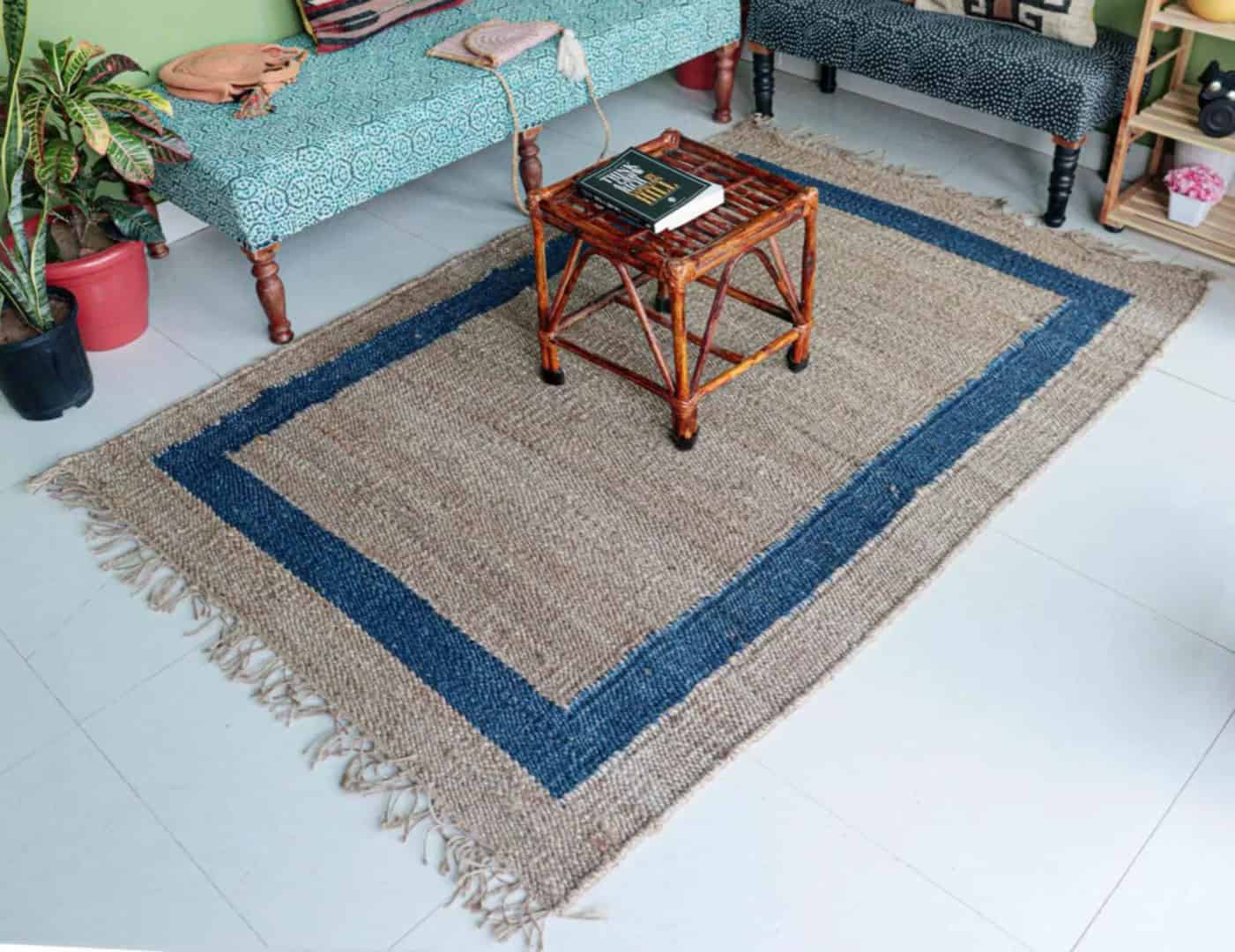 Custom Size and Color Beige with Blue Border Hemp Jute Rug - Image 3