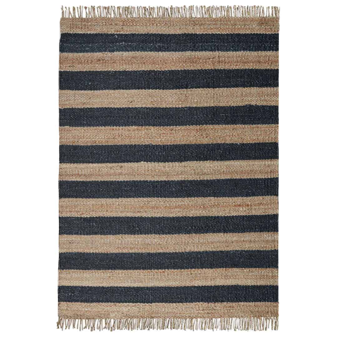 Beige and Black Handwoven Jute Hemp Rug - Image 1