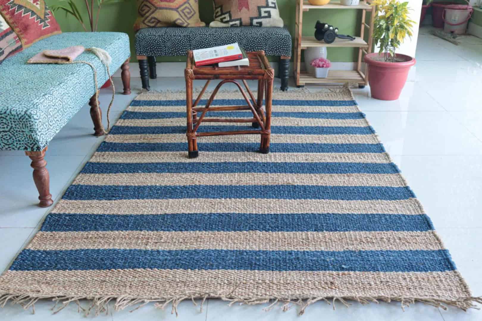 Beige and Blue Handmade Hemp Jute Rug - Image 2