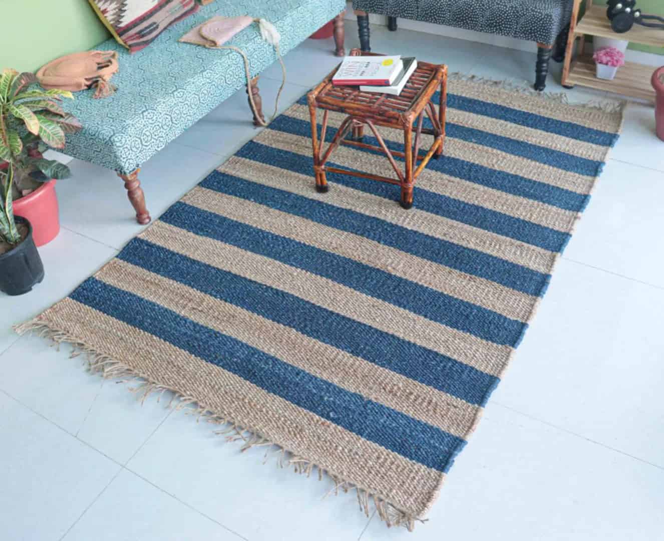 Beige and Blue Handmade Hemp Jute Rug - Image 3