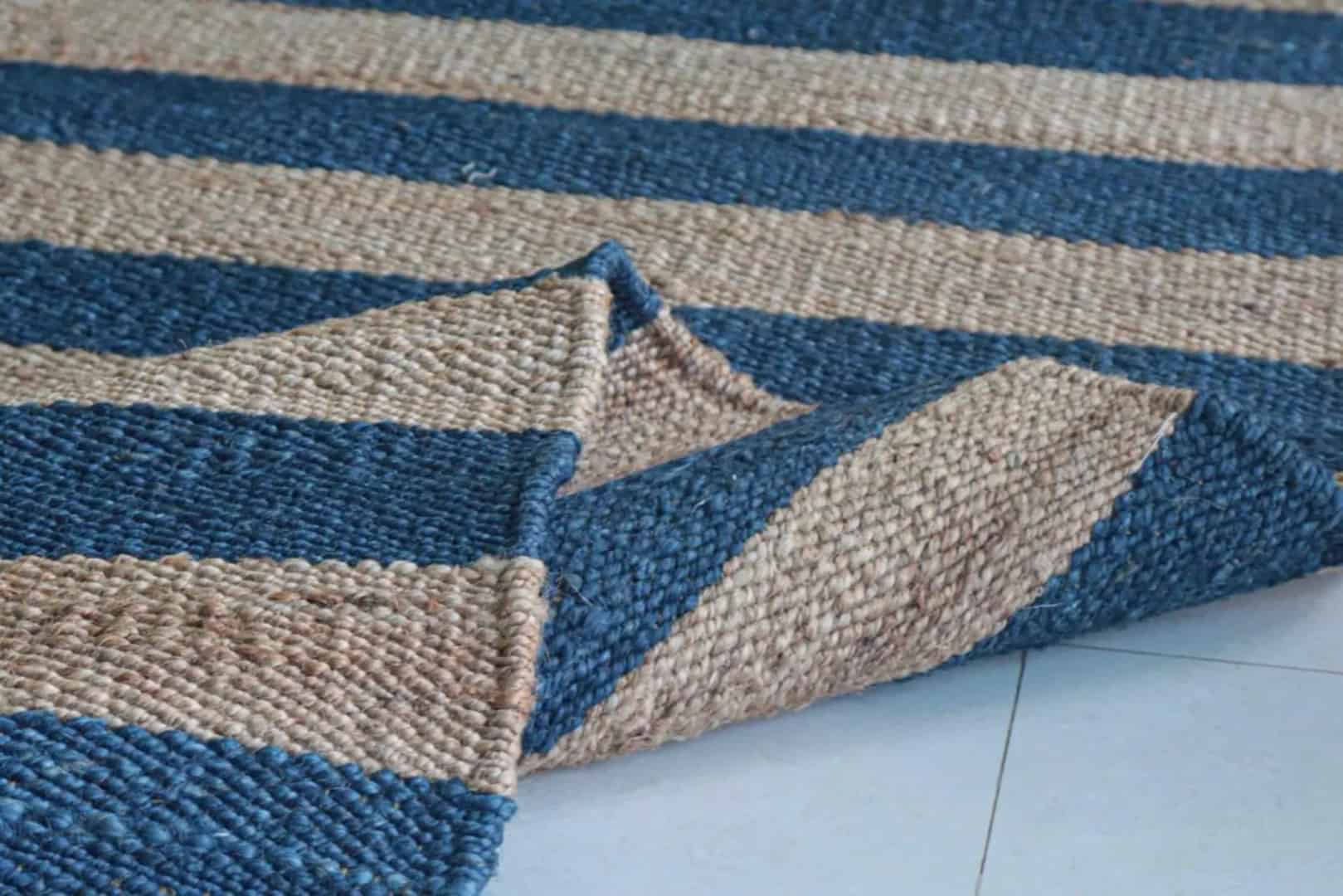 Beige and Blue Handmade Hemp Jute Rug - Image 5