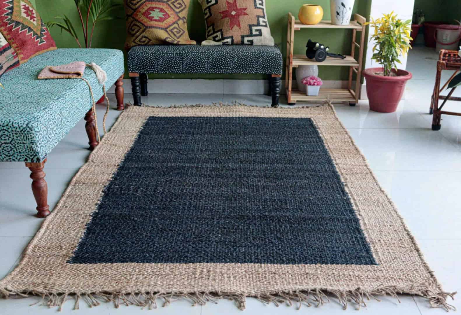 Home Decor Bohemian Hemp Rug with Beige Border - Image 2