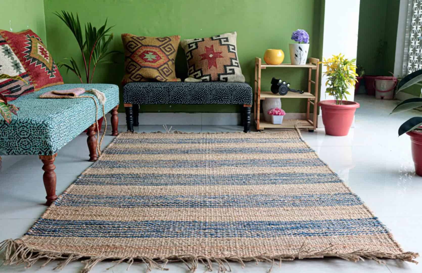 Blue and Beige Handwoven Hemp Jute Rug - Image 2