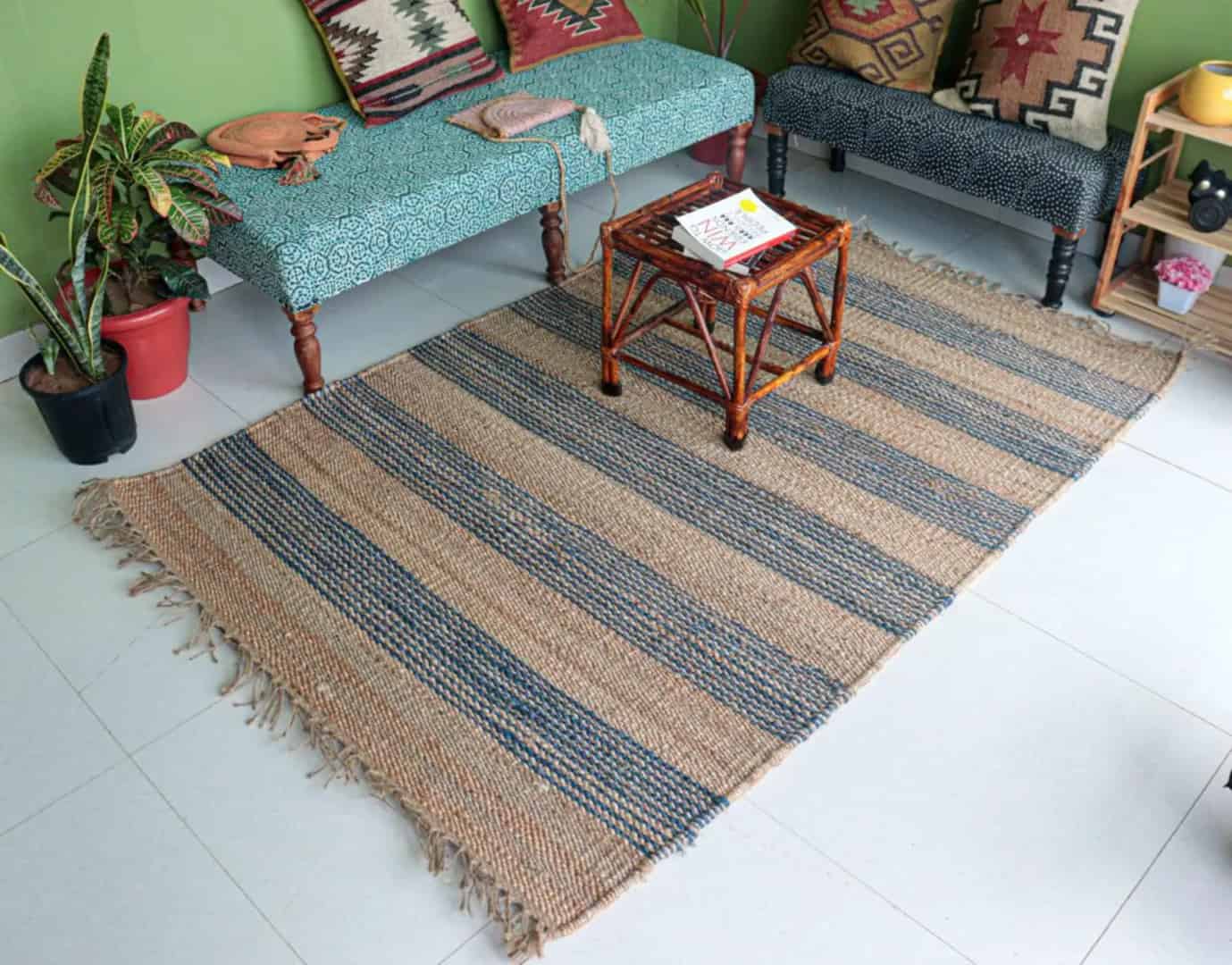 Blue and Beige Handwoven Hemp Jute Rug - Image 3