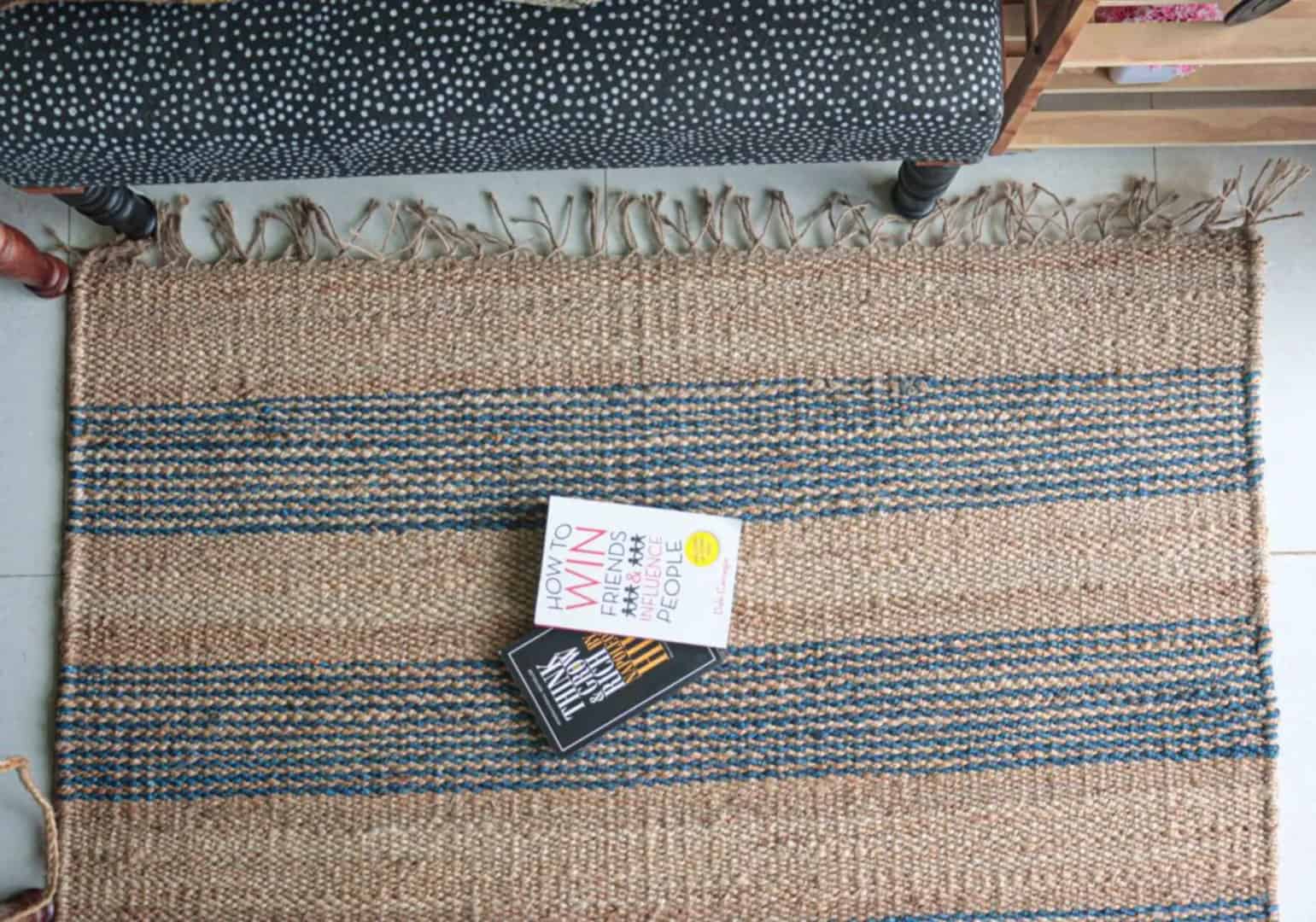 Blue and Beige Handwoven Hemp Jute Rug - Image 4