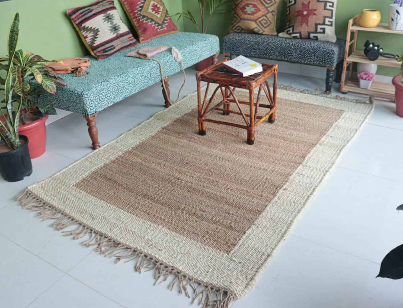 Beige with White Border Handwoven Hemp Jute Rug - Image 4