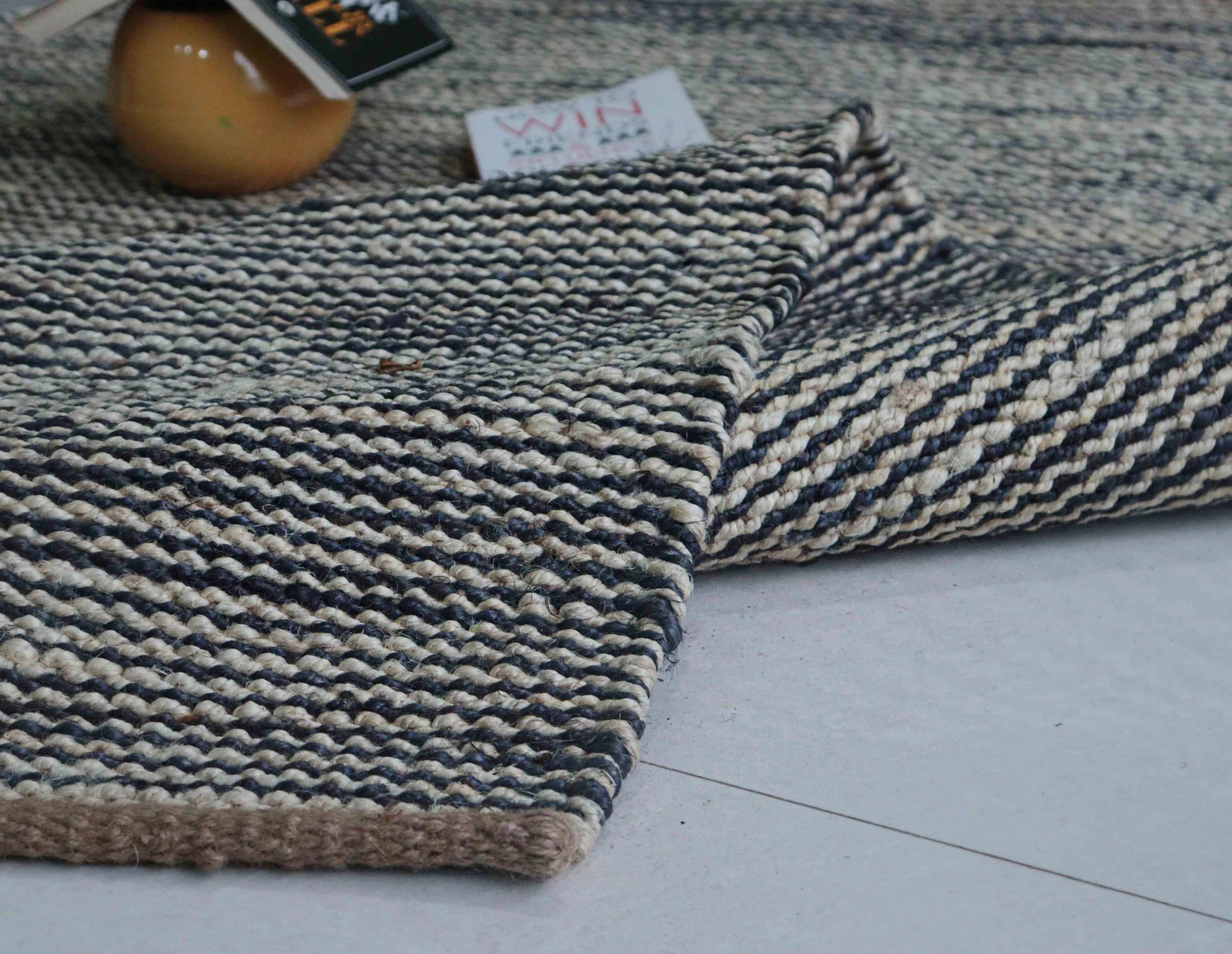 White and Blue Handmade Bohemian Hemp Jute Rug - Image 6