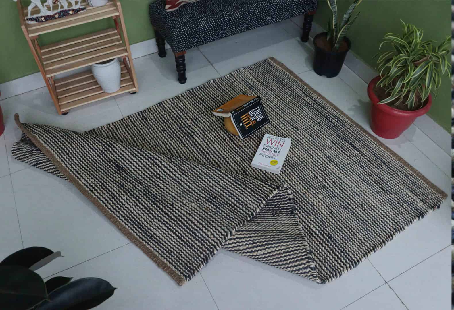 White and Blue Handmade Bohemian Hemp Jute Rug - Image 7