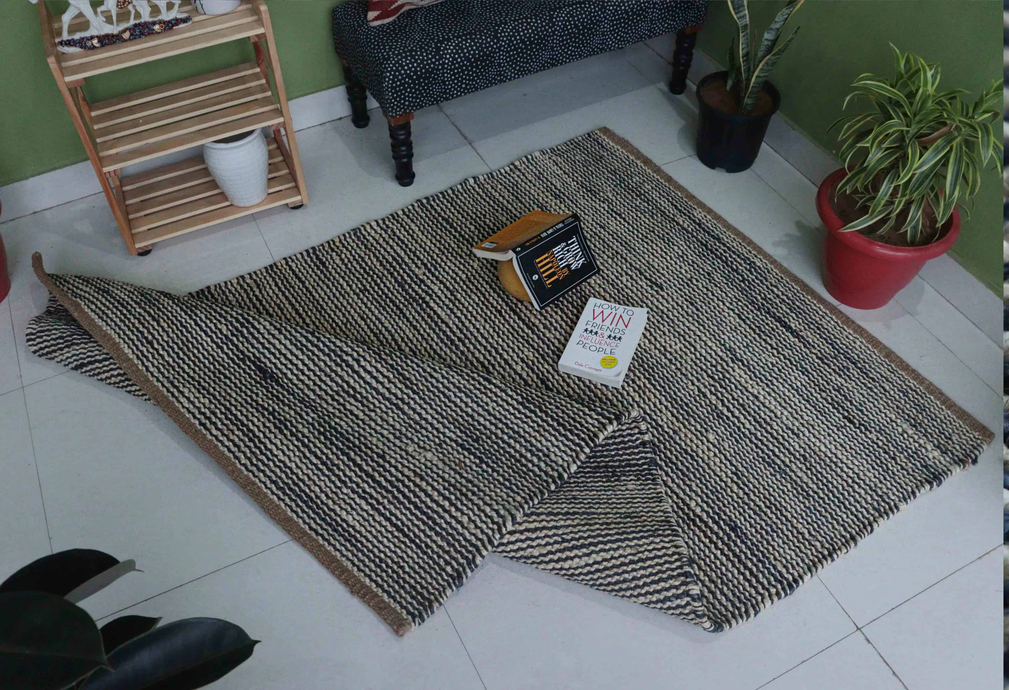 White and Blue Handmade Bohemian Hemp Jute Rug - Image 7