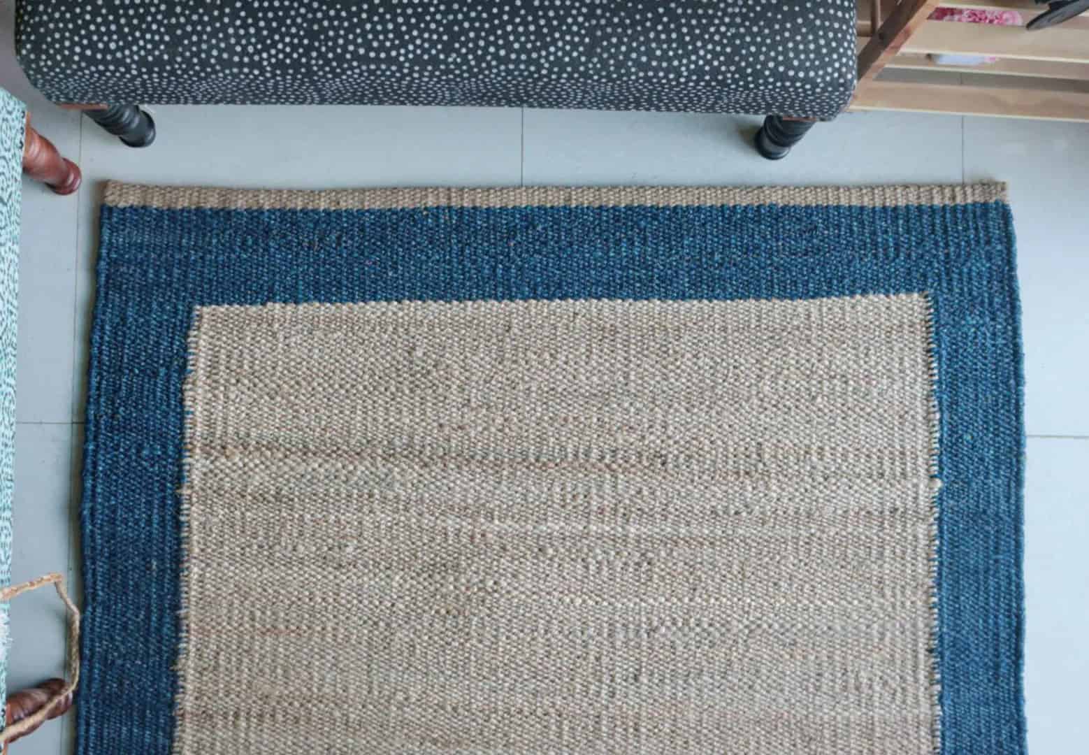 Home Decor Bohemian Beige with Blue Border Hemp Rug  - Image 5
