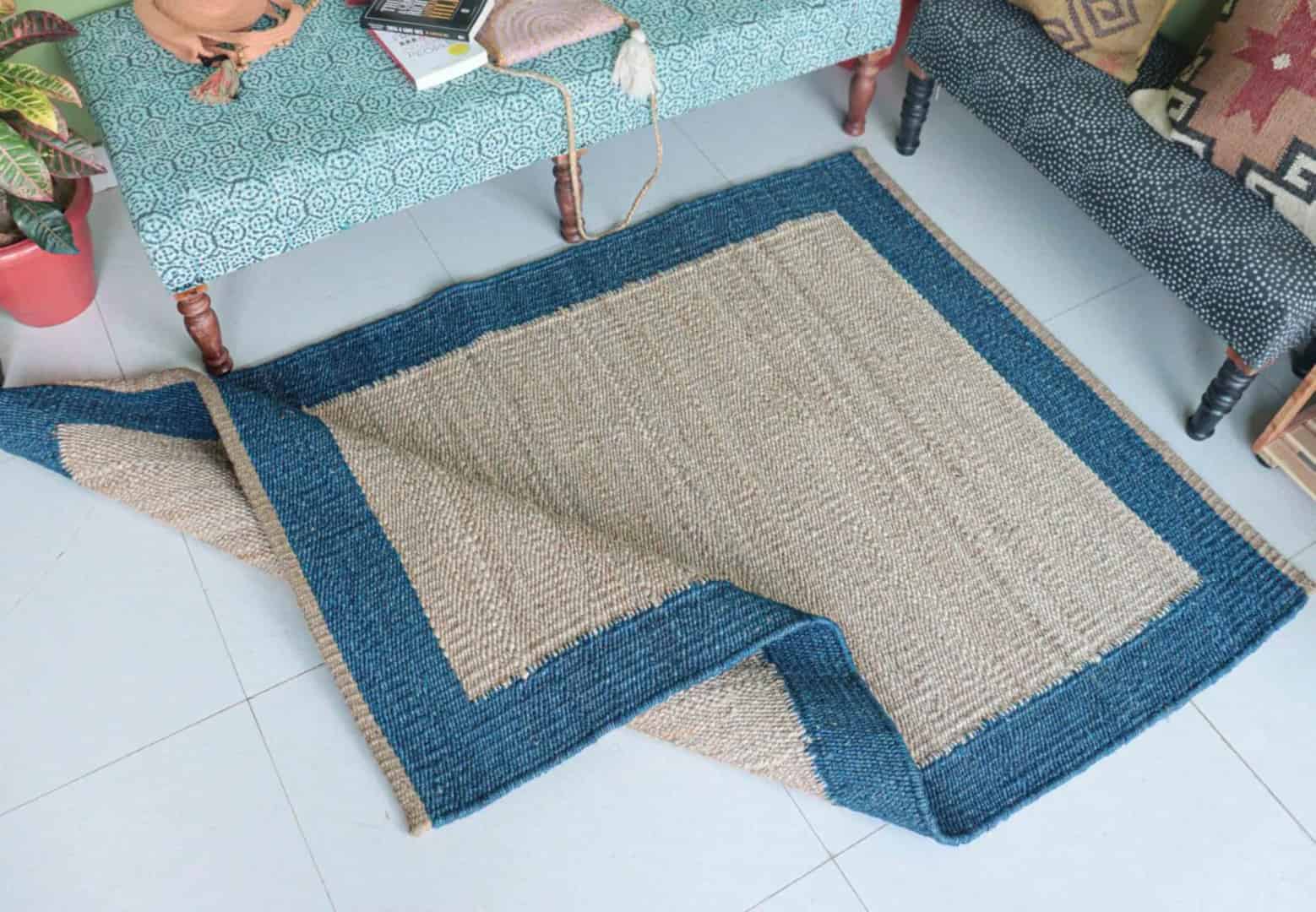 Home Decor Bohemian Beige with Blue Border Hemp Rug  - Image 6