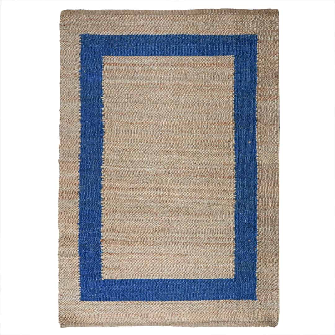 Beige And Blue Handmade Hemp Jute Rug - Image 1