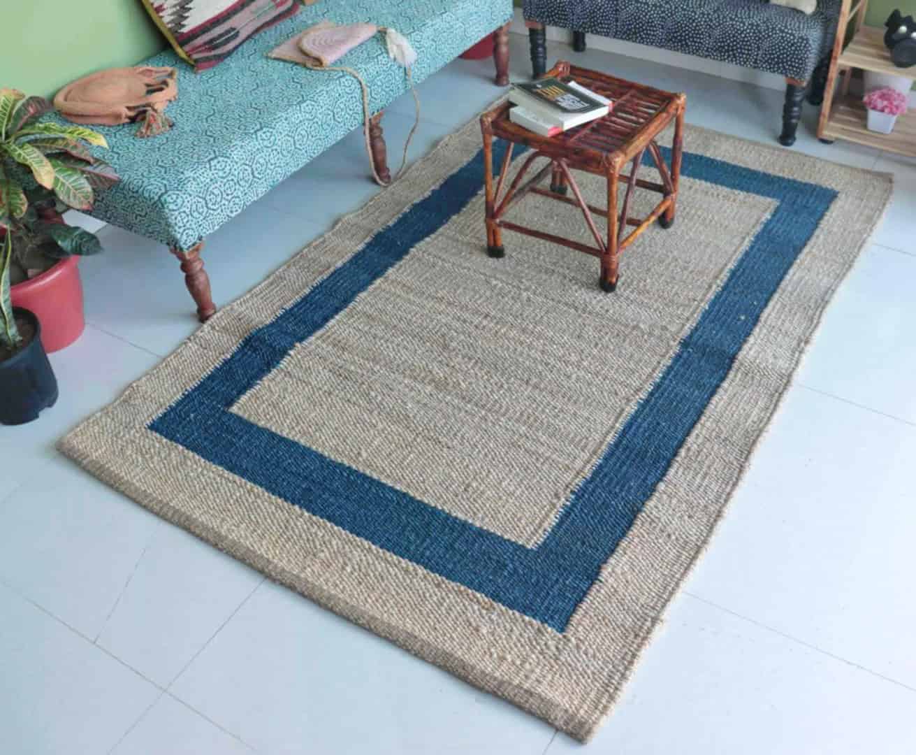 Beige And Blue Handmade Hemp Jute Rug - Image 3