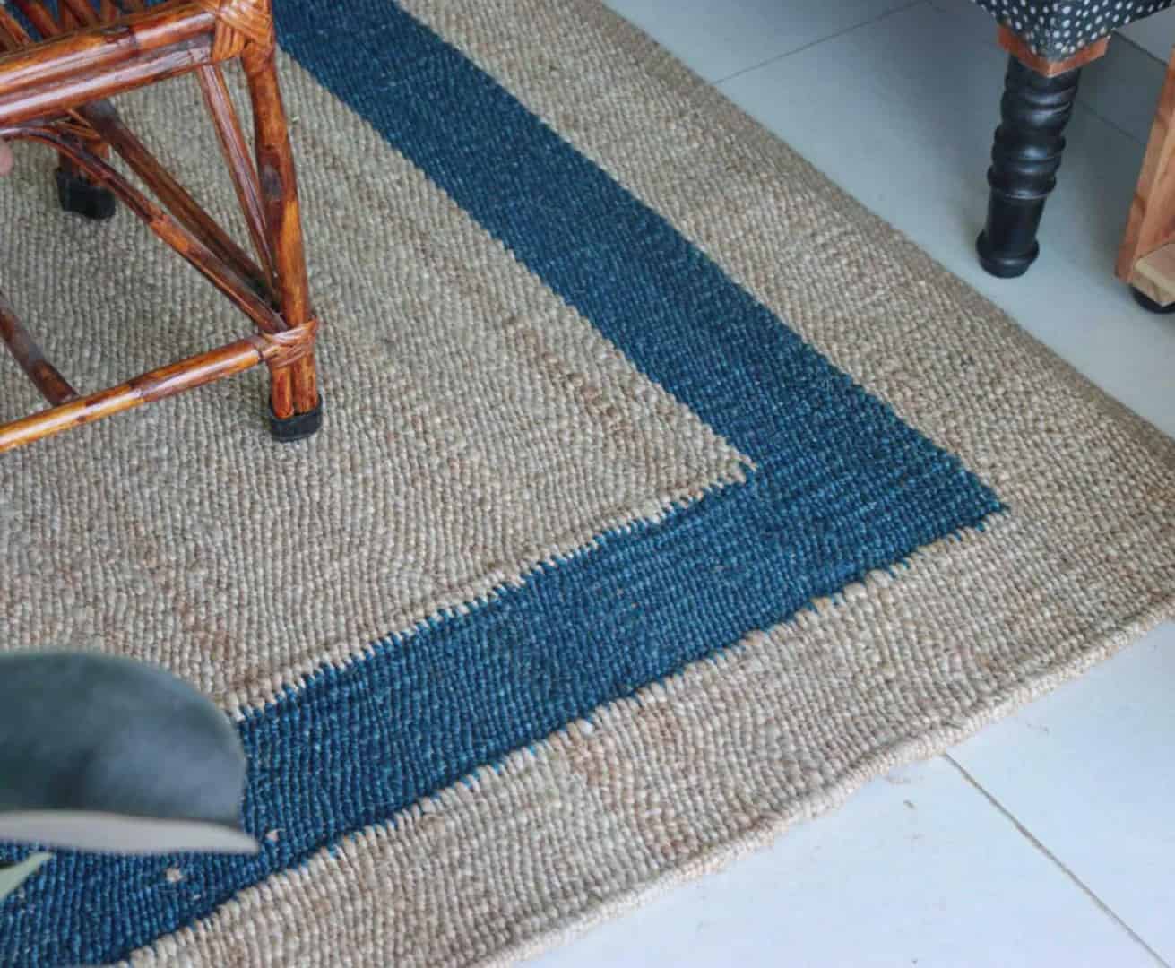Beige And Blue Handmade Hemp Jute Rug - Image 4