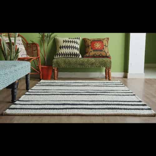 Indian Handmade White Natural Jute Hemp Rug with Black Stripes - Image 4