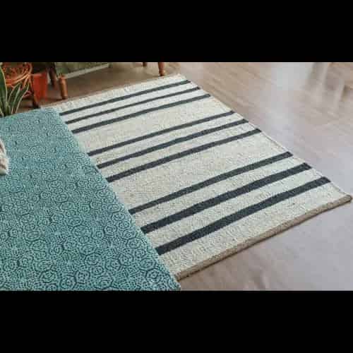 Indian Handmade White Natural Jute Hemp Rug with Black Stripes - Image 5