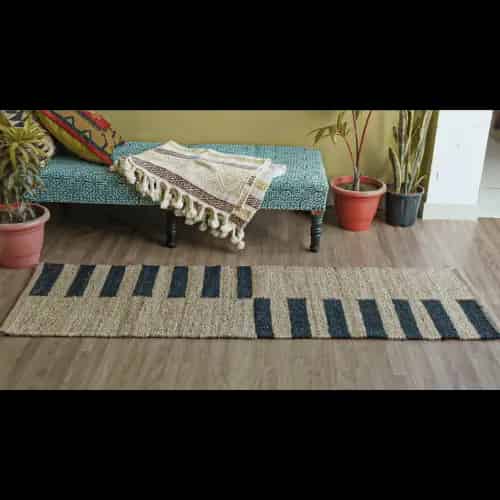 Indian Handmade Natural Jute and Black Stripes Hemp Rug - Image 2