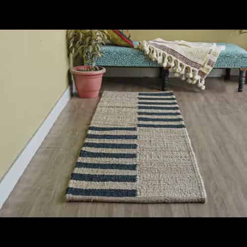 Indian Handmade Natural Jute and Black Stripes Hemp Rug - Image 3