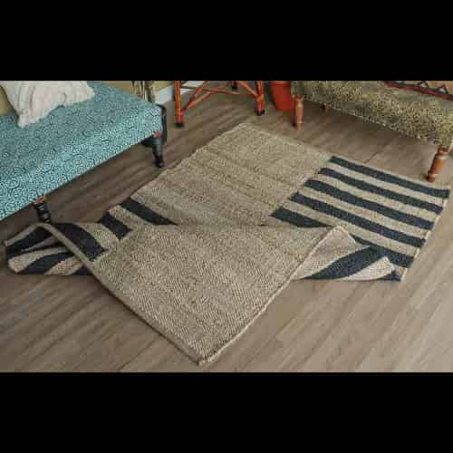 Indian Handmade Natural Jute and Black Stripes Hemp Rug - Image 5