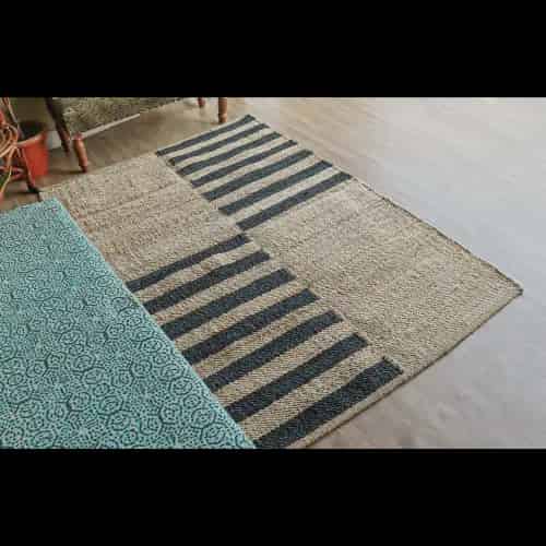 Indian Handmade Natural Jute and Black Stripes Hemp Rug - Image 1