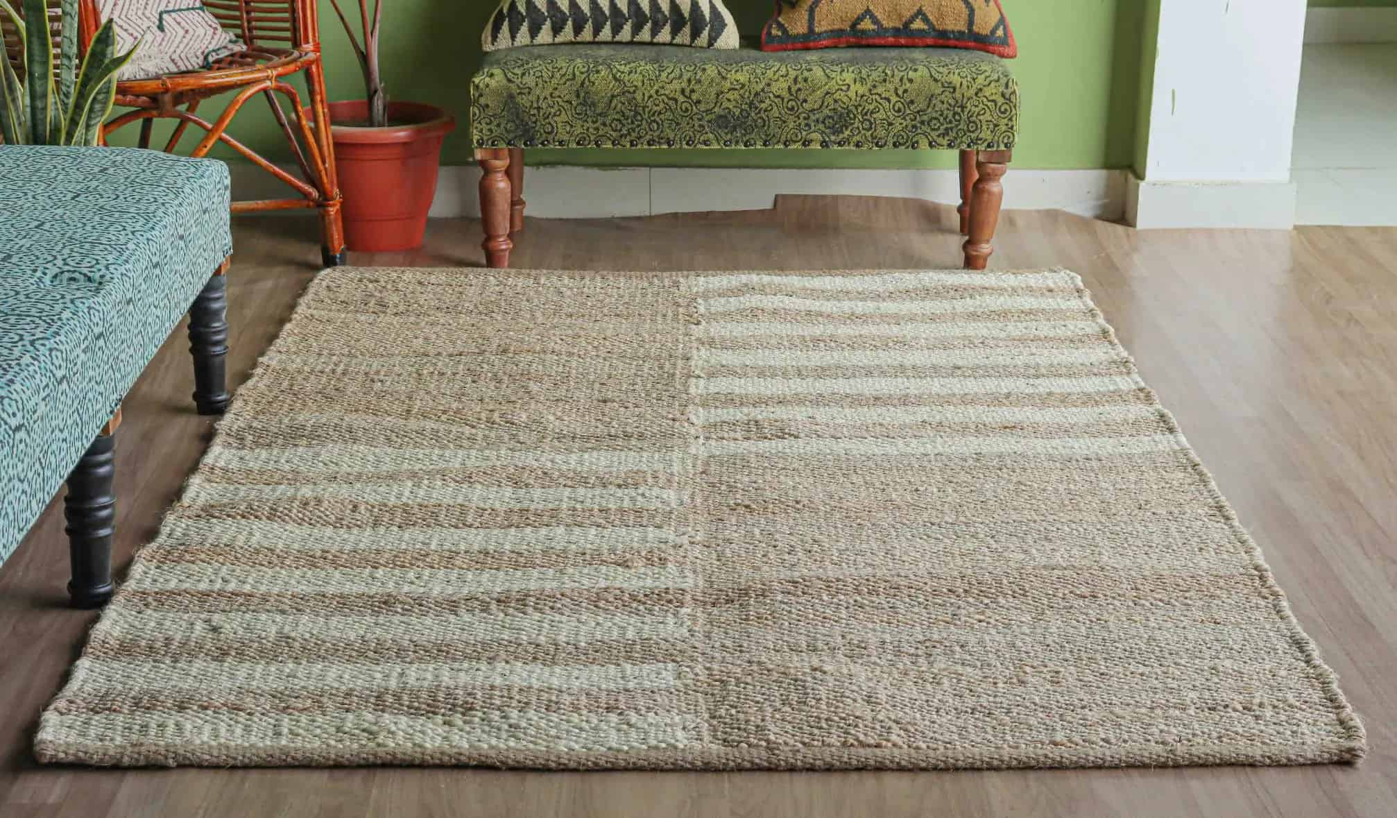 Decorative Off White Striped Natural Jute Hemp Rug - Image 2
