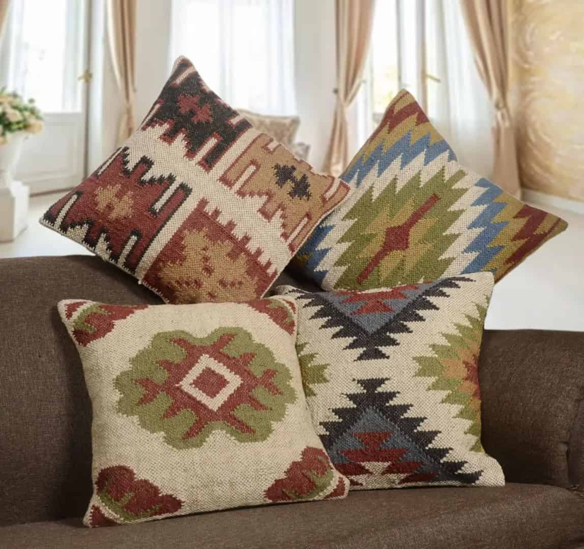 Indian Handmade Square Wool Jute Kilim Pillowcases - Image 2